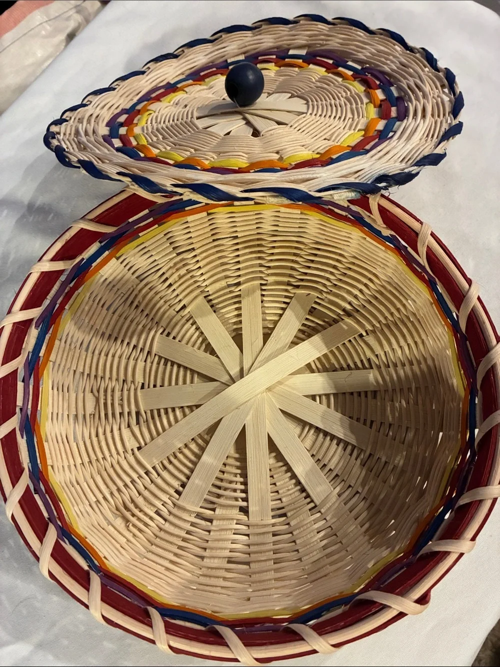 Handwoven Tortilla Basket Natural Wicker Basket Multicolor Accent Lid Wood Knob